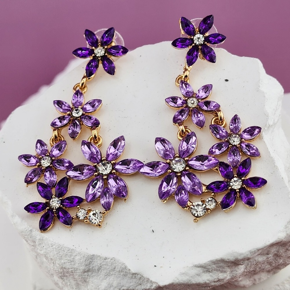 Purple Rhinestone Floral Dangle Earrings Gold Tone Statement Flower Jewelry